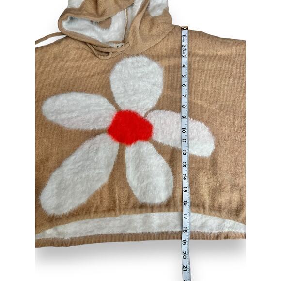 POL Daisy Fuzzy Hooded Oversized Sweater Tan White Floral Unique Pullover Small - Picture 7 of 15